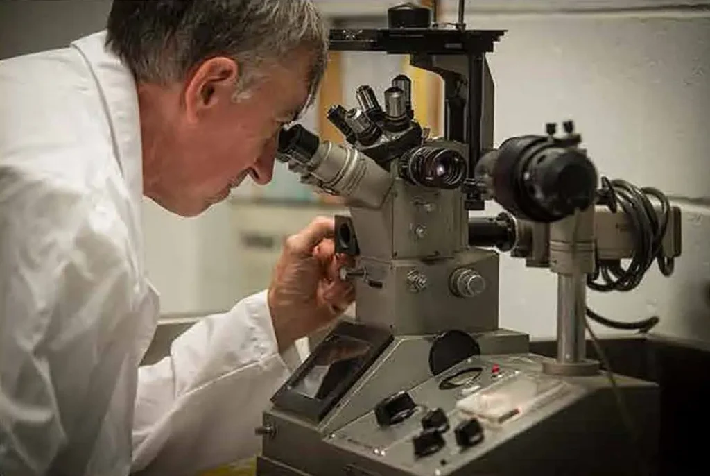 Someone looking through microscope