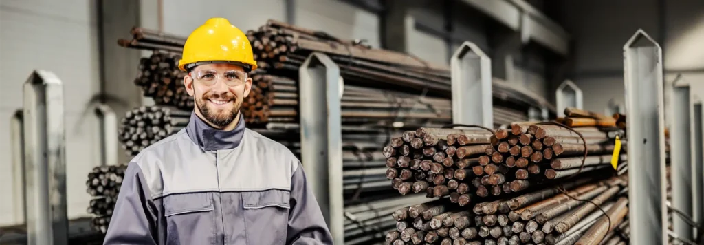 Worker standing in front of wire rods on racks