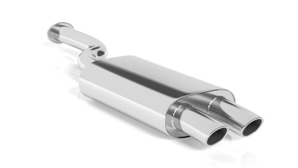 A stainless steel car exhaust pipe on an isolated white background